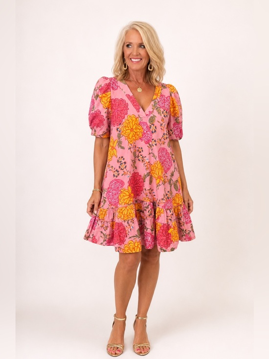 Karlie Dresses & Skirts - Karlie Pink Floral V-Neck Tiered Mini Dress with Puff Sleeves Size Medium